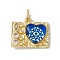 Brass Micro Pave Clear Cubic Zirconia Pendants, Rectangle with Heart Charm, with Eye Resin and Jump Rings, Lead Free & Cadmium Free, Real 18K Gold Plated, Royal Blue, 16x18.5x4.5mm, Hole: 4mm