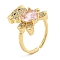 Rack Plating Brass Micro Pave Cubic Zirconia Open Cuff Rings for Women, with Glass, Real 18K Gold Plated, Bear, Pink, 17x15.5mm, Inner Diameter: 18.5mm