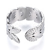 304 Stainless Steel Leaf Open Cuff Ring for Women RJEW-N040-11-3
