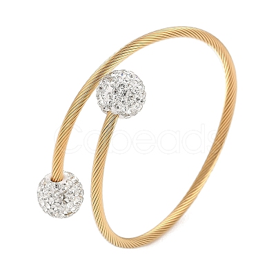 Ion Plating(IP) 304 Stainless Steel & Polymer Clay Crystal Rhinestone Round Beads Open Cuff Bangles BJEW-M042-06G-1