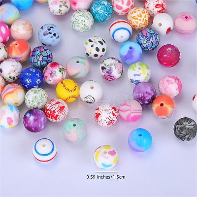 Printed Round with Sunflower Pattern Silicone Focal Beads SI-JX0056A-203-1