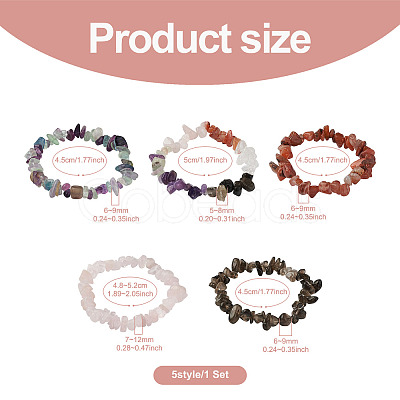 Fashewelry 5Pcs 5 Style Natural Mixed Stone Chip Beads Stretch Bracelets for Women BJEW-FW0001-03-1