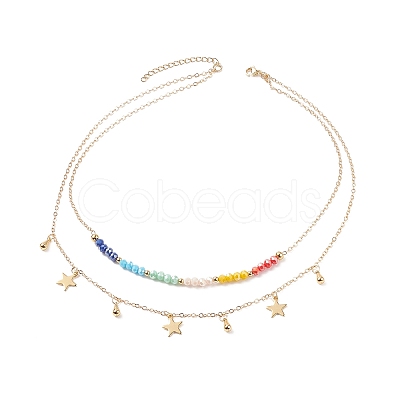 Brass Star Charms Double Layer Necklace with Colorful Glass Beaded for Women NJEW-TA00050-1