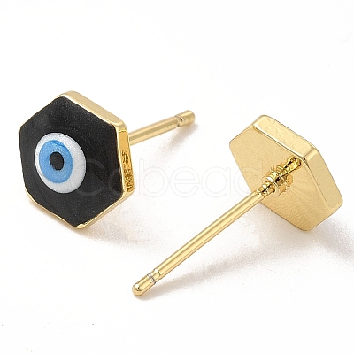 Enamel Hexagon with Evil Eye Stud Earrings EJEW-E274-03G-02-1