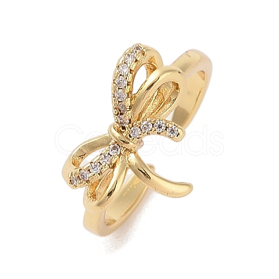 Bowknot Brass Micro Pave Clear Cubic Zirconia Open Cuff Rings RJEW-S417-01G-04-1