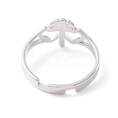 Non-Tarnish Double Heart with Cross 304 Stainless Steel Adjustable Ring for Women RJEW-B035-06P-1