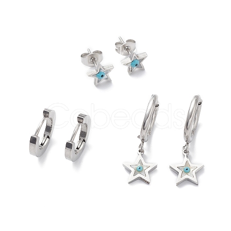 3 Pairs 3 Style Synthetic Shell Star with Enamel Evil Eye Dangle Hoop Earrings EJEW-B020-06P-1