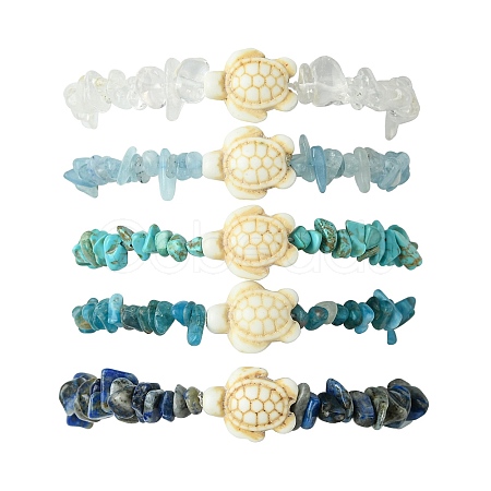 5Pcs 5 Styles Natural Quartz Crystal & Lapis Lazuli & Apatite & Aquamarine & Synthetic Turquoise Chip Beaded Stretch Bracelet Sets BJEW-JB10840-1