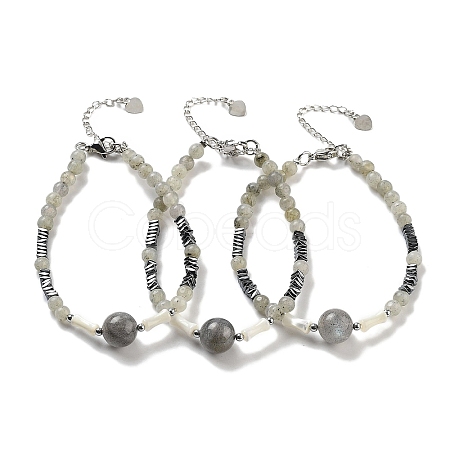 Natural Labradorite Round & Synthetic Non-magnetic Hematite & White Shell Beaded Bracelets for Women BJEW-K251-02E-1