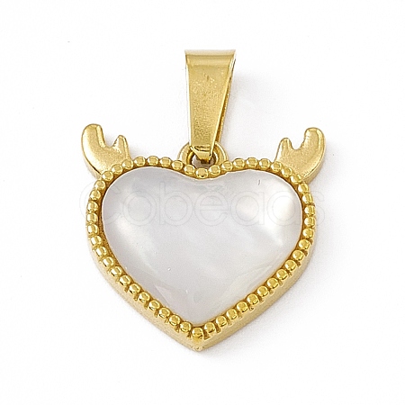 Natural Shell Heart Charms with Antler STAS-P315-16G-1