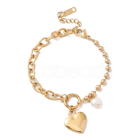 Heart and Natural Pearl Charms Bracelet with 304 Stainless Steel Chains for Women STAS-P304-08G-1