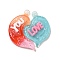 Gradient Color Translucent Resin Pendants, with Glitter Powder, Couple Heart Charm with Word LOVE YOU, Orange Red, 39x38.5x5.5mm, Hole: 3.5mm, 2pcs/set