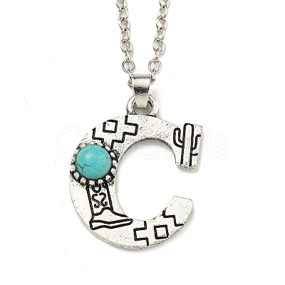 Letter A~Z Antique Silver Plated Alloy with Synthetic Turquoise Pendant Necklaces NJEW-G080-01C-1