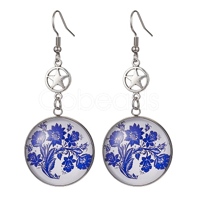 Blue Glass Flat Round & Alloy Star Dangle Earrings EJEW-JE05402-1