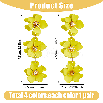 FIBLOOM 4 Pairs 4 Colors Alloy Flower Dangle Stud Earrings for Women EJEW-FI0002-99-1