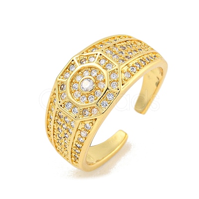 Rack Plating Octagon Brass Micro Pave Cubic Zirconia Cuff Finger Rings for Women RJEW-C103-06G-1