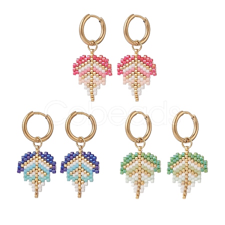 3 Pair 3 Color Glass Seed Braided Leaf Dangle Hoop Earrings EJEW-MZ00010-1