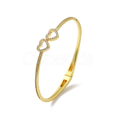 Rack Plating Brass Micro Pave Clear Cubic Zirconia Hollow Double Heart Hinged Bangles BJEW-H616-02G-1