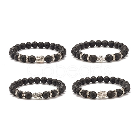 Round Natural Lava Rock with Alloy Beads Stretch Bracelet BJEW-JB07459-1