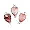 Cherry Quartz Glass Faceted Teardrop Connector Charms, Brass Strawberry Links, Platinum, 20x11.5x5mm, Hole: 1.2mm