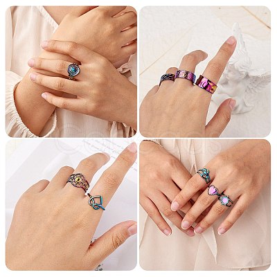 9Pcs 9 Style Rainbow Color 304 Stainless Steel Heart & Star & Word Love Cuff Rings RJEW-SZ0001-20-1