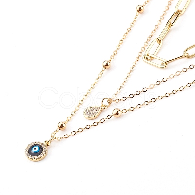 Brass Micro Pave Clear Cubic Zirconia Pendant Necklaces & Paperclip Chain Necklaces Set NJEW-JN03354-01-1