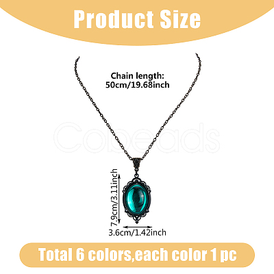 FIBLOOM 6Pcs 6 Colors Glass Oval Pendant Necklaces Set with Black Alloy Chains NJEW-FI0001-46-1