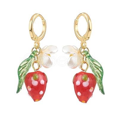 Lampwork Strawberry with Plastic Pearl Flower Dangle Leverback Earring EJEW-TA00130-1