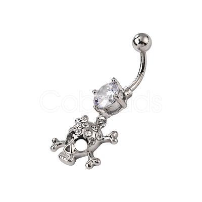 Piercing Jewelry Real Platinum Plated Brass Rhinestone Pirate Style Skull Navel Ring Belly Rings AJEW-EE0001-28-1