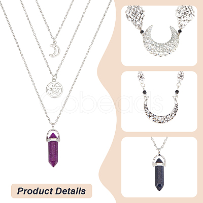 ANATTASOUL 8Pcs 8 Styles Natural Amethyst & Synthetic Blue Goldstone Pendant Necklaces Set with Alloy Chains NJEW-AN0001-49-1