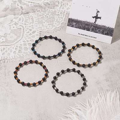 Natural Lava Rock Round & Glass Column Beaded Stretch Bracelet BJEW-JB08623-1