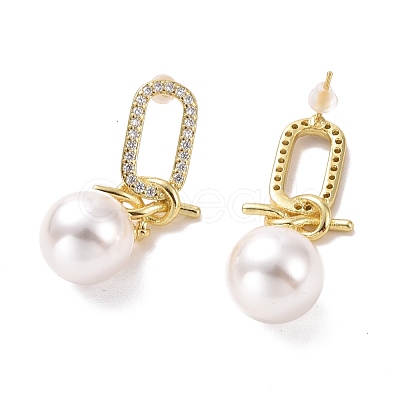 Clear Cubic Zirconia Oval with Knot Dangle Stud Earrings with Plastic Pearl EJEW-A072-01LG-1