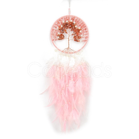 Natural Carnelian & Synthetic Cherry Quartz Glass Tree of Life Hanging Ornaments PW-WG38540-05-1