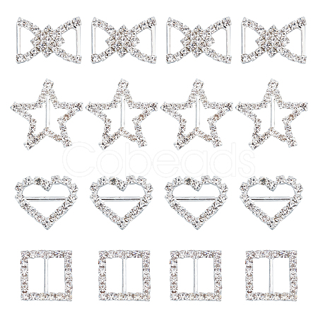   16Pcs 4 Style Heart & Star & Bowknot & Square Shining Wedding Invitation Ribbon Buckles RB-PH0001-16-1