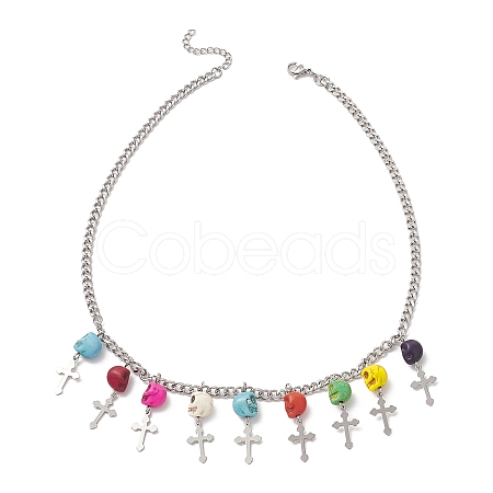 Dyed Synthetic Turquoise Skull with Cross Bib Necklace NJEW-TA00071-1