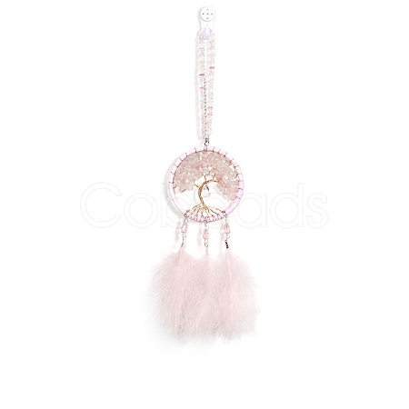 Woven Net/Web with Feather Natural Rose Quartz Chips Pendant Decorations TREE-PW0003-15-1