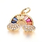 Brass Micro Pave Cubic Zirconia Pendants, with Jump Ring, Long-Lasting Plated, Rainbow, Colorful, Real 18K Gold Plated, 11.5x14x2mm, Hole: 3.5mm