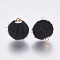 Handmade Faux Mink Fur Covered Pendants, with Golden Tone Alloy Findings, Round, Black, 16.5~17x14~14.5mm, Hole: 1.6mm