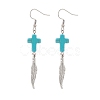 Synthetic Turquoise Cross with Alloy Feather Dangle Earrings EJEW-TA00150-1