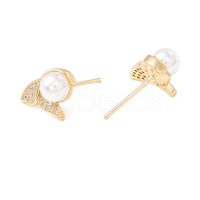 Clear Cubic Zirconia Fishtail Stud Earrings with Acrylic Pearl EJEW-F282-34G-1