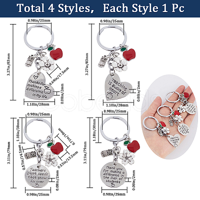 Gorgecraft 4Pcs 4 Style Teachers' Day Flat Round & Heart with Word Keychain KEYC-GF0001-10-1