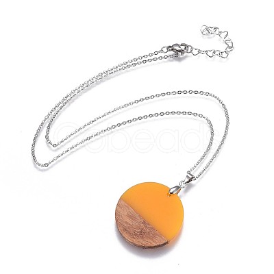 Flat Round Resin & Wood Pendant Necklaces NJEW-JN02324-M-1