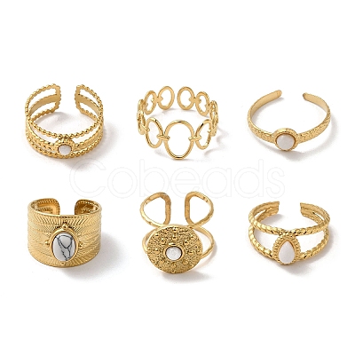 6Pcs 6 Style Oval & Flat Round & Teardrop 304 Stainless Steel Open Cuff Rings Set RJEW-P092-09G-M-1