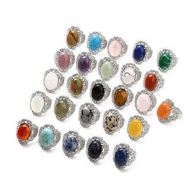 Natural & Synthetic Gemstone Adjustable Rings RJEW-P043-04P-1