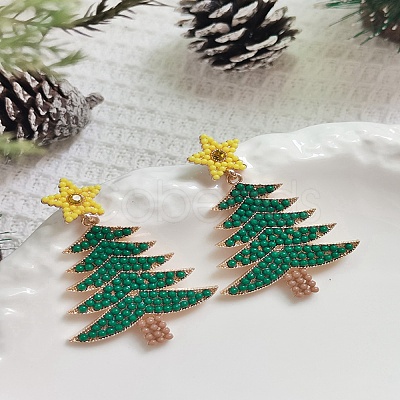 Christmas Tree Alloy & Acrylic Beaded Dangle Stud Earrings for Women EJEW-G406-01G-01-1