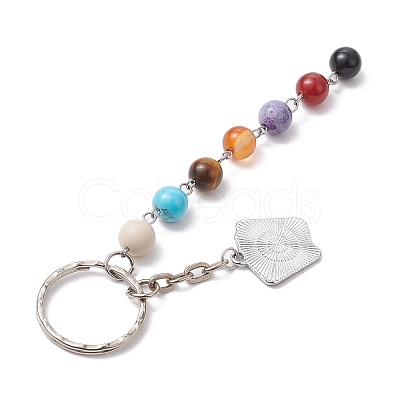 Iron Enamel with Natural Black Onyx & Fossil & Carnelian & Tiger Eye & Fire Crackle Agate Keychain KEYC-JKC00852-1