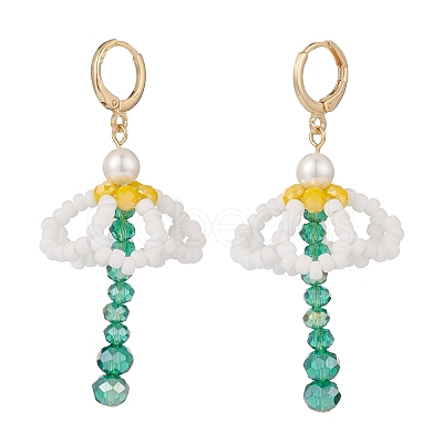 Shell Pearl & Glass Braided Flower with Long Tassel Dangle Leverback Earrings EJEW-TA00122-1