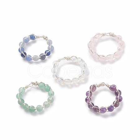 Round Mixed Gemstone Braided Beaded Finger Ring RJEW-JR00462-1