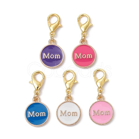Flat Round with Word Mom Alloy Enamel Pendant Decorations HJEW-JM01508-01S-1