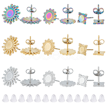 Unicraftale 18Pcs 9 Style Square & Sun 304 Stainless Steel Stud Earring Findings STAS-UN0046-39-1